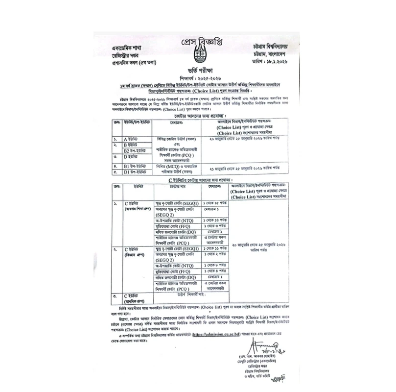 চবিতে প্রথম বর্ষ ভর্তিতে অনলাইনে বিভাগ পছন্দক্রম পূরণের সময়সূচি প্রকাশ