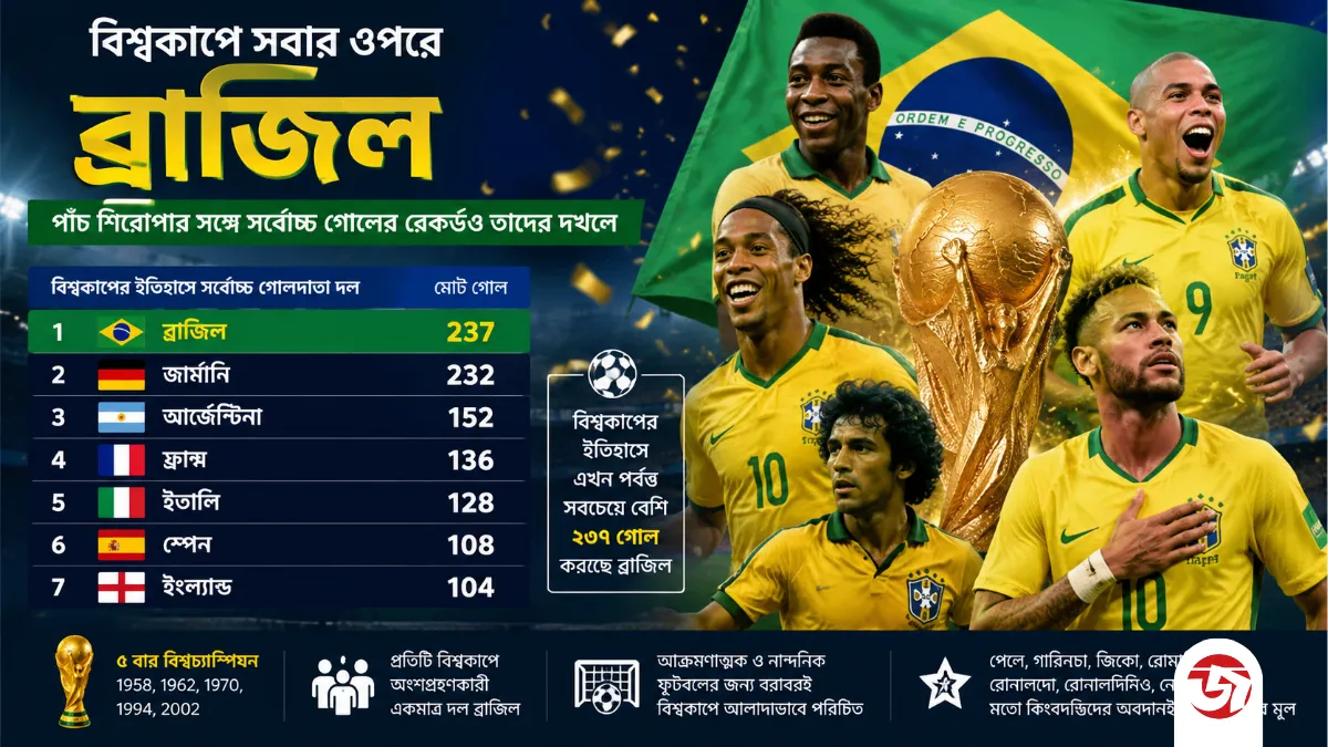 বিশ্বকাপে সবচেয়ে বেশি গোল ব্রাজিলের, আর্জেন্টিনা কত নম্বরে?