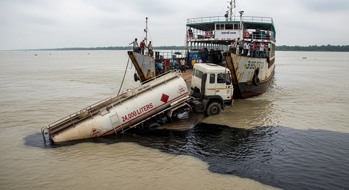 নিয়ন্ত্রণ হারিয়ে পদ্মায় লরি, ডুবল ২৪ হাজার লিটার তেল